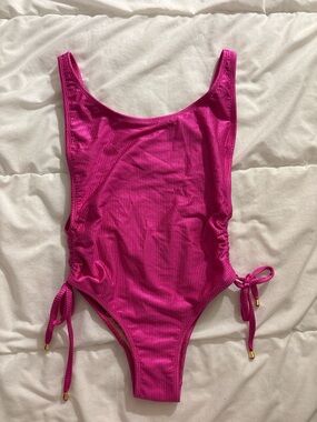 Hot Pink Ribbed One-Piece Swimsuit with Side Tie